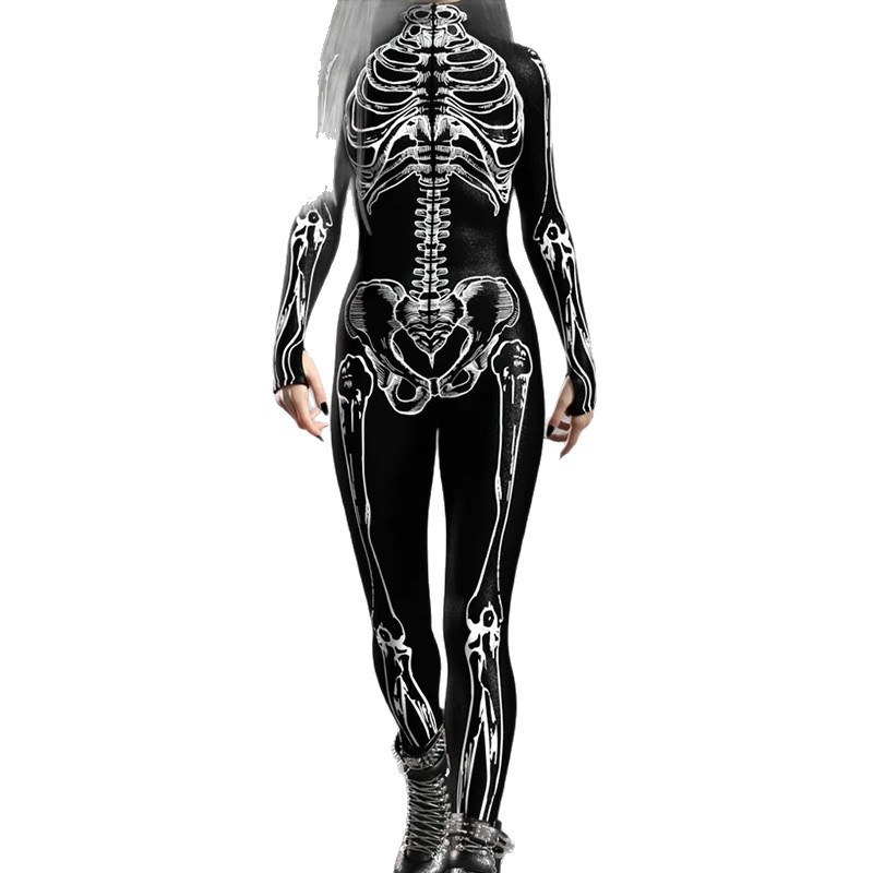 Kombinezonas su skeletų raštu, siauras kirpimas, ilgos rankovės, ilgas ilgis, poliesterio audinys 91-100%