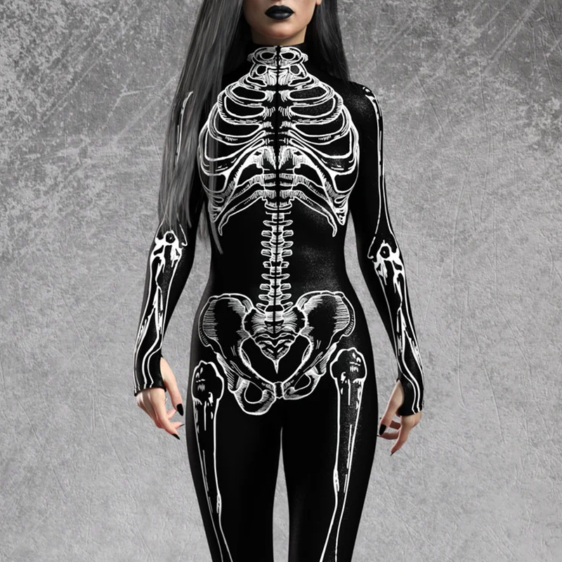 Kombinezonas su skeletų raštu, siauras kirpimas, ilgos rankovės, ilgas ilgis, poliesterio audinys 91-100%