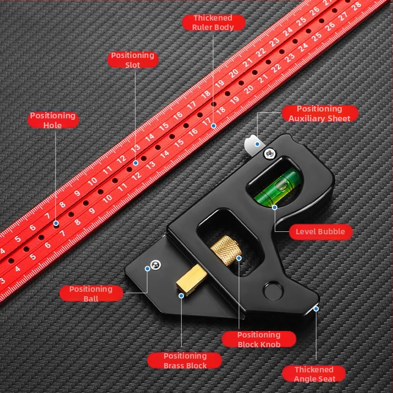 Комбинационен квадрат за дървообработване – подвижен ъглов измервател, набор линейки, тегло 600 g