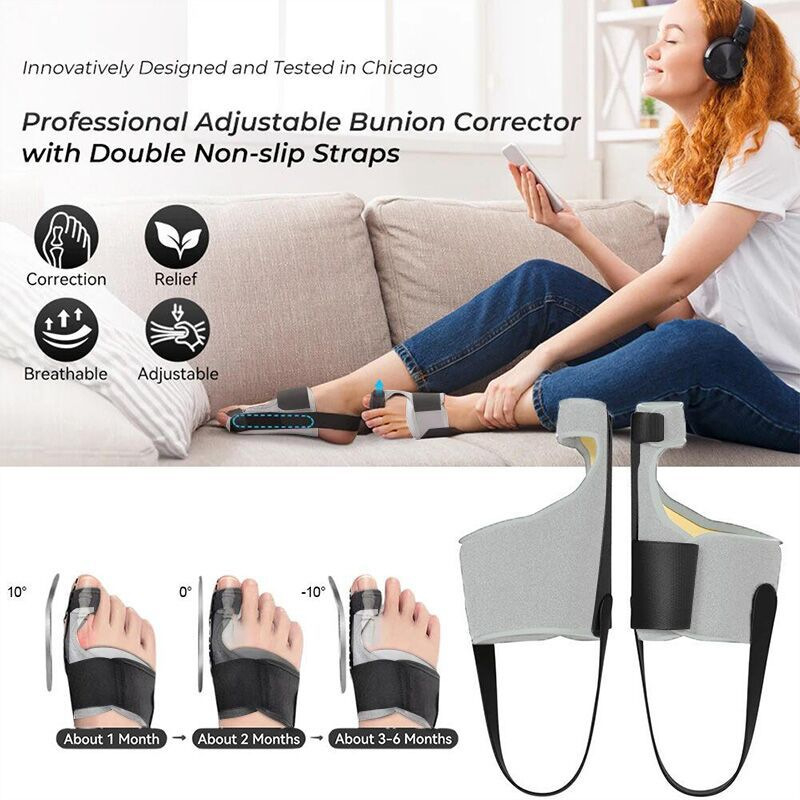 Bomike Hallux Valgus korektorius didžiajam kojų pirštui su aliuminio juostele, kvėpuojančia medžiaga ir Velcro užtrauktuku; tinka bėgimui, važiavimui dviračiu ir masažams