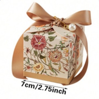 Сватбени кутии за бонбони, комплект от 10 — квадратни, от хартия, луксозен стил, ръчно рисуван мотив с растения и цветя