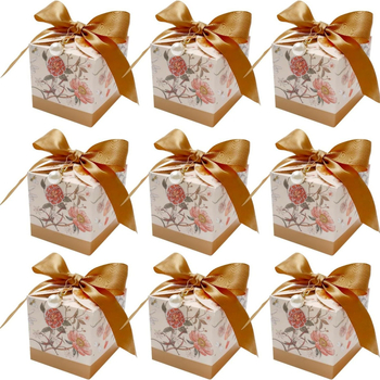 Сватбени кутии за бонбони, комплект от 10 — квадратни, от хартия, луксозен стил, ръчно рисуван мотив с растения и цветя