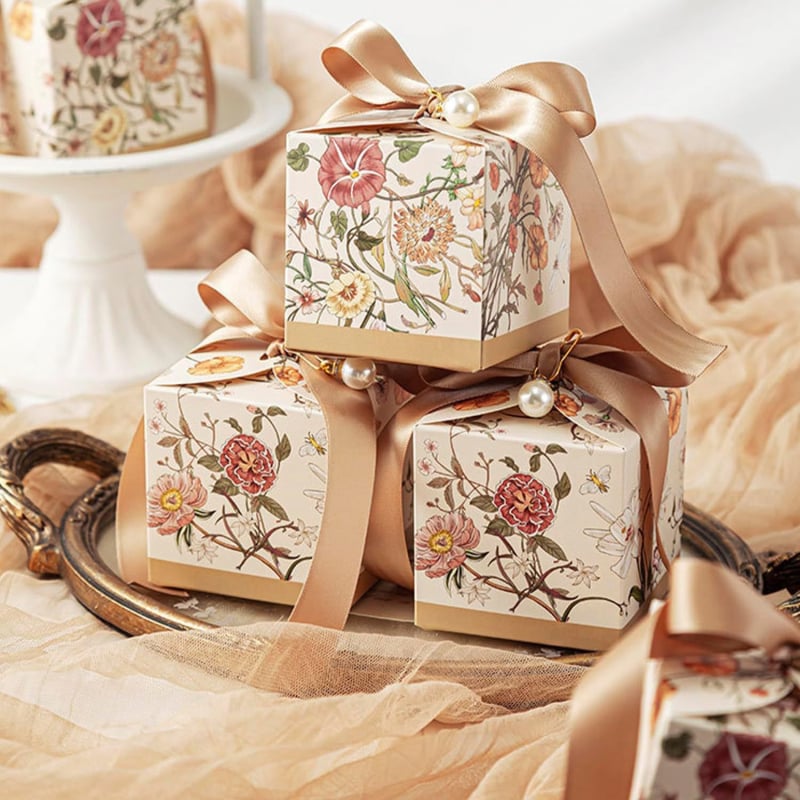 Κουτιά γλυκισμάτων γάμου, σετ 10 — τετράγωνα, χαρτί, ελαφριά πολυτέλεια, χειροποίητος σχεδιασμός φυτών και λουλουδιών