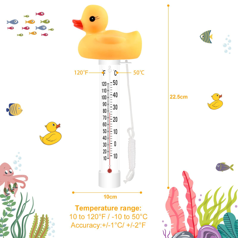 Plutajući termometar za vodu s dizajnom patke za bazene i akvarije, duljina 220 mm, rezolucija 1°C, točnost ±1°C