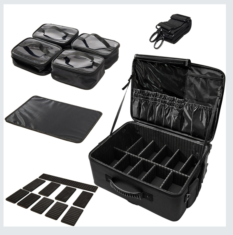 Profesionalus makiažo dėklas su teleskopine lazdele, didelė talpa, Oxford audinys, universalieji ratai, užtrauktukas, su išplėtimo sluoksniu