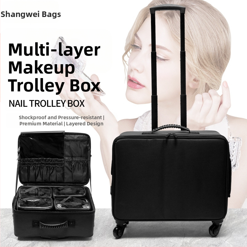Profesionalus makiažo dėklas su teleskopine lazdele, didelė talpa, Oxford audinys, universalieji ratai, užtrauktukas, su išplėtimo sluoksniu