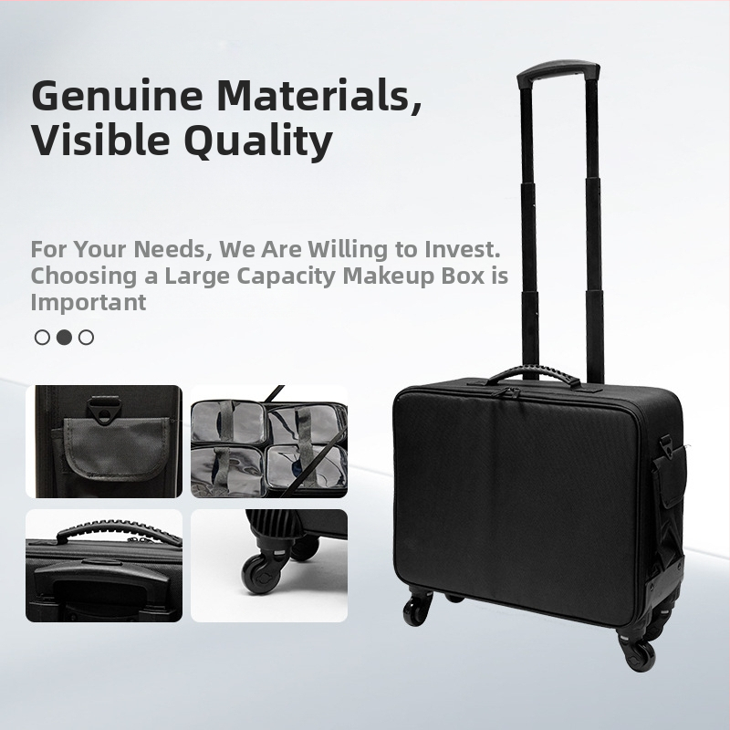 Професионален кейс за грим с телескопична дръжка, голям капацитет, Oxford плат, универсални колела, ципово отваряне, с разширителен слой