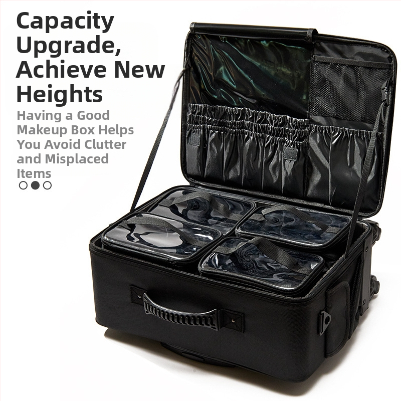 Професионален кейс за грим с телескопична дръжка, голям капацитет, Oxford плат, универсални колела, ципово отваряне, с разширителен слой