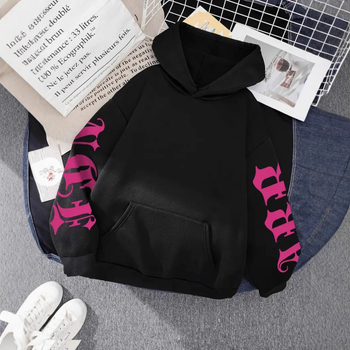 Качулен дебел суичър с принт, 3D джоб, пуловер стил