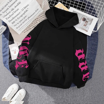 Качулен дебел суичър с принт, 3D джоб, пуловер стил