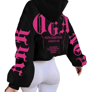 Качулен дебел суичър с принт, 3D джоб, пуловер стил