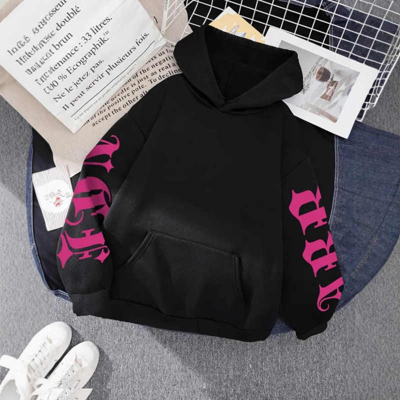 Kapučių džemperis su spauda, storesnis audinys, 3D kišenė, megztinio stilius