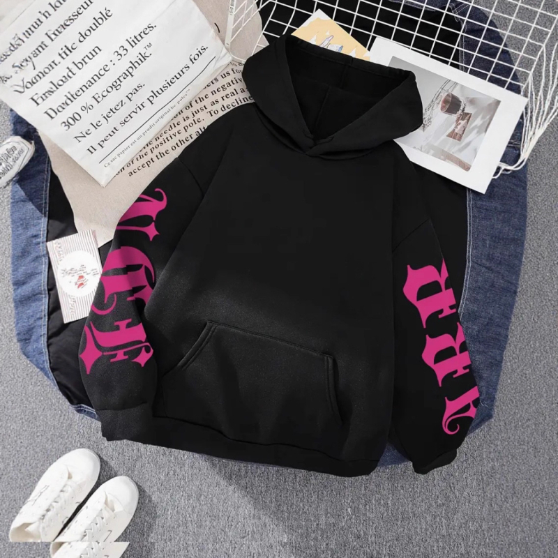 Kapučių džemperis su spauda, storesnis audinys, 3D kišenė, megztinio stilius