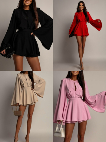 Elegantiška moteriška kombinezonas su atvira nugara, juosmens linijoje, 3/4 ilgio kelnės ir volanų rankovės