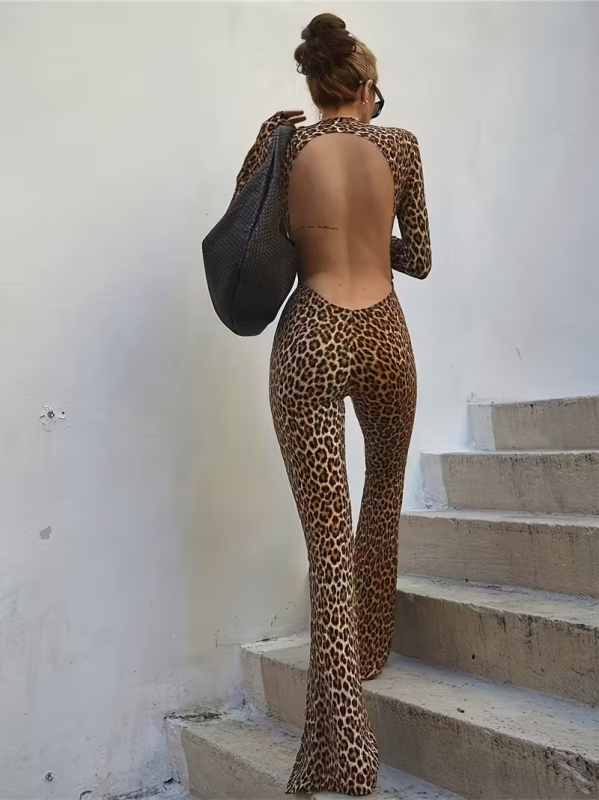 Leopardų rašto bodisuit kelnės – poliesteris, aukštas liemuo, ilgomis rankovėmis, šiek tiek platėjančios kojos