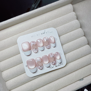 Rankų darbo nešiojami nagai manikiūro reikmėms, Cat Eye ir French stiliai, lediniu skaidriu efektu, gėlių raštas, moterims – Emperor Hong