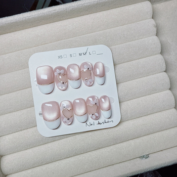 Χειροποίητα νύχια μανικιούρ που φοριούνται, Cat Eye & Γαλλικό στυλ, διαφανές ψυχρό εφέ, λουλουδάτο μοτίβο, για κυρίες — Emperor Hong