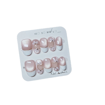 Χειροποίητα νύχια μανικιούρ που φοριούνται, Cat Eye & Γαλλικό στυλ, διαφανές ψυχρό εφέ, λουλουδάτο μοτίβο, για κυρίες — Emperor Hong