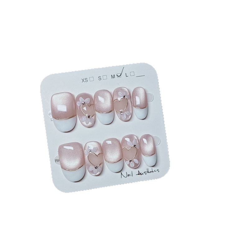 Rankų darbo nešiojami nagai manikiūro reikmėms, Cat Eye ir French stiliai, lediniu skaidriu efektu, gėlių raštas, moterims – Emperor Hong