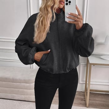 Γυναικεία κοντή ζακέτα με φερμουάρ, φουσκωτά μανίκια, σφιχτή στη μέση, ήμι-υψηλός γιακά, πολυεστερικό ύφασμα