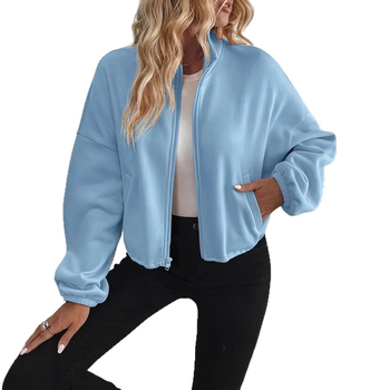 Γυναικεία κοντή ζακέτα με φερμουάρ, φουσκωτά μανίκια, σφιχτή στη μέση, ήμι-υψηλός γιακά, πολυεστερικό ύφασμα