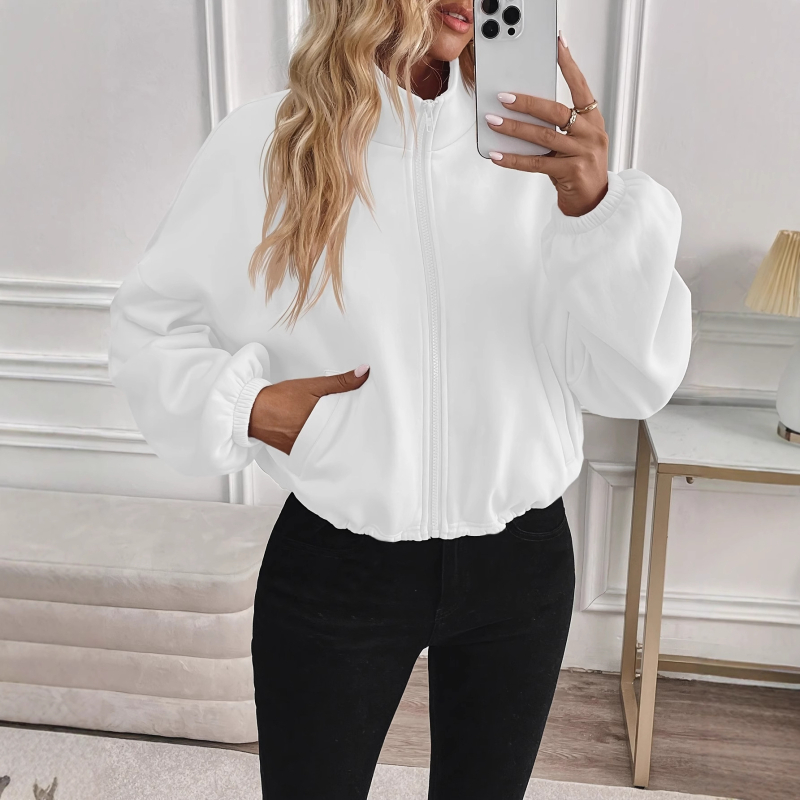 Ženska kratka jakna s zipom, balon rukavima, prilagodljivim strukom, polu-visoki ovratnik, poliester