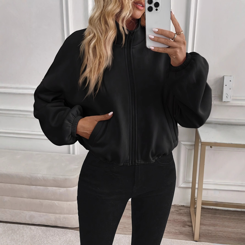 Ženska kratka jakna s zipom, balon rukavima, prilagodljivim strukom, polu-visoki ovratnik, poliester