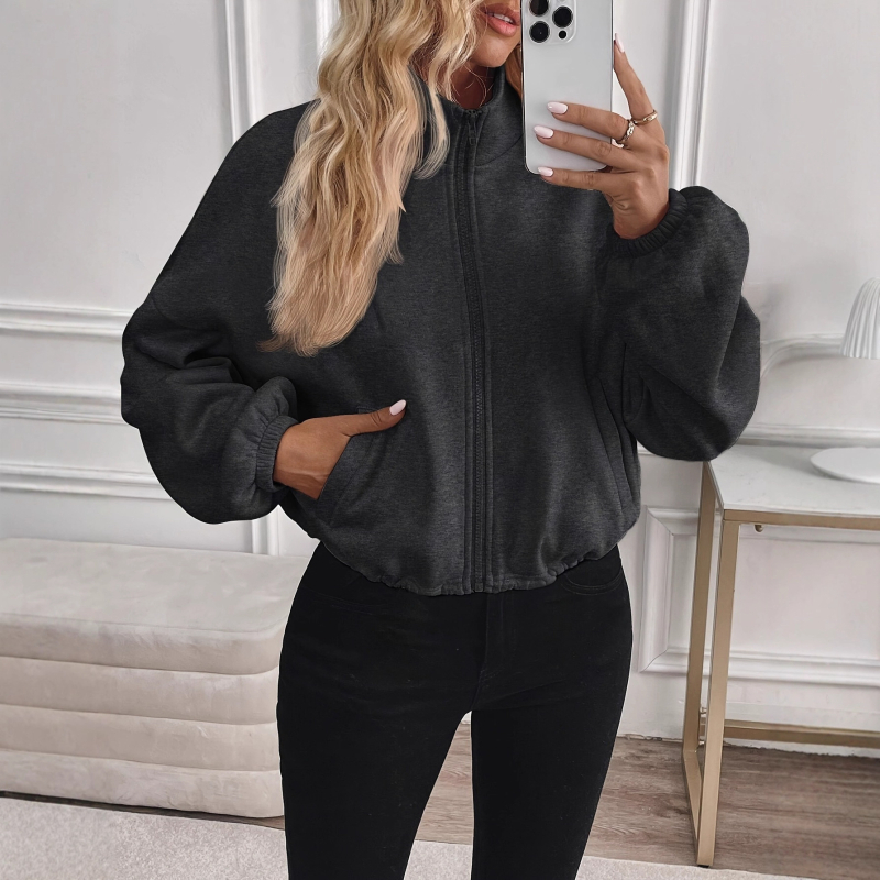 Ženska kratka jakna s zipom, balon rukavima, prilagodljivim strukom, polu-visoki ovratnik, poliester