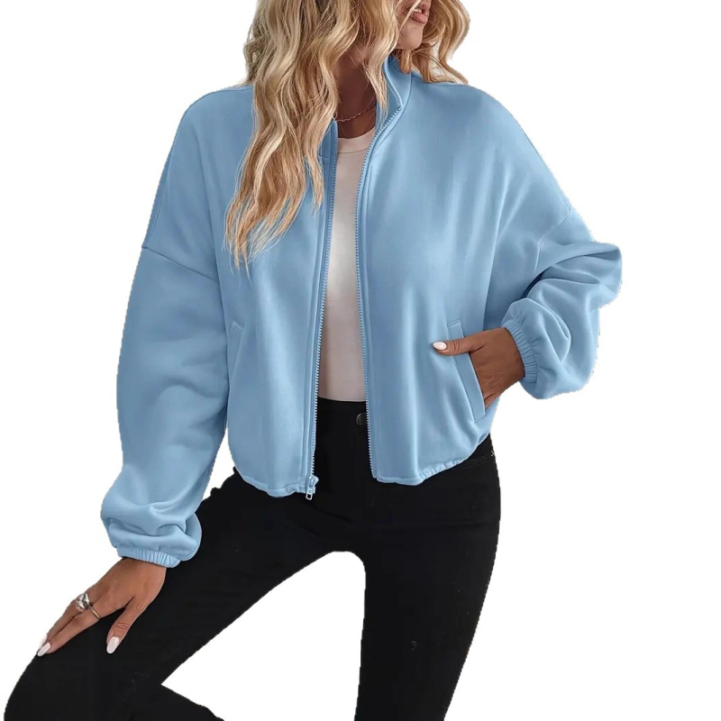 Ženska kratka jakna s zipom, balon rukavima, prilagodljivim strukom, polu-visoki ovratnik, poliester