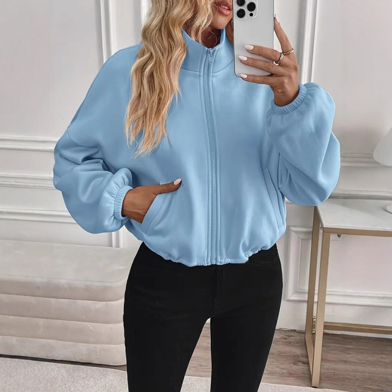 Ženska kratka jakna s zipom, balon rukavima, prilagodljivim strukom, polu-visoki ovratnik, poliester