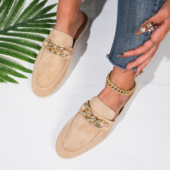 Moteriškos šlepetės su metalo sagtimi, nubuko viršus iš karvės odos, gumos padas, pado storis 3–5 cm, retro stilius, pavasaris–vasara 2025