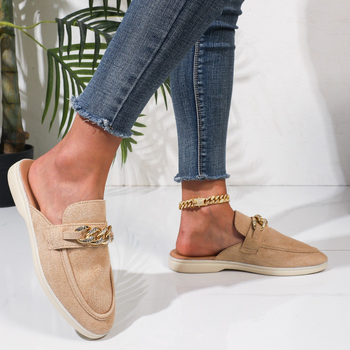 Γυναικείες nubuk παντόφλες με μεταλλική αγκράφα, πάνω μέρος από nubuk δέρμα, σόλα από καουουκ, πάχος σόλας 3–5 cm, ρετρό στυλ, άνοιξη-καλοκαίρι 2025