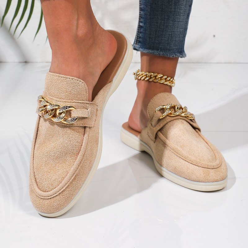 Moteriškos šlepetės su metalo sagtimi, nubuko viršus iš karvės odos, gumos padas, pado storis 3–5 cm, retro stilius, pavasaris–vasara 2025