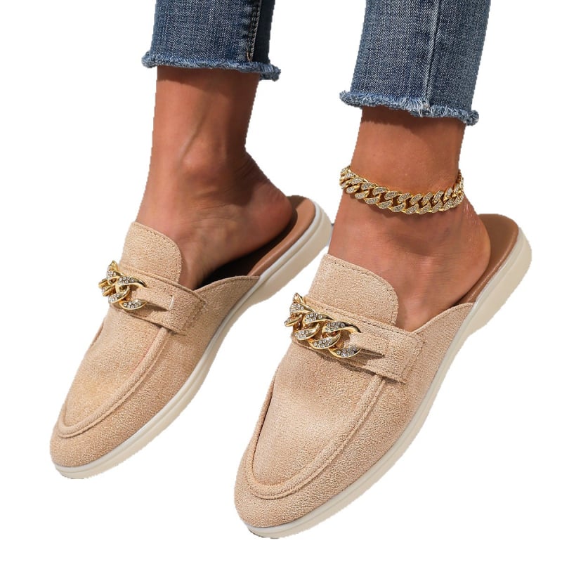 Moteriškos šlepetės su metalo sagtimi, nubuko viršus iš karvės odos, gumos padas, pado storis 3–5 cm, retro stilius, pavasaris–vasara 2025