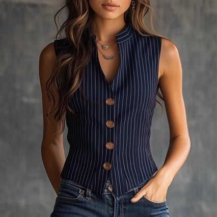 Poliészter mellény V-nyakú, európai–amerikai stílus, csíkos patchwork, karcsúsított szabás