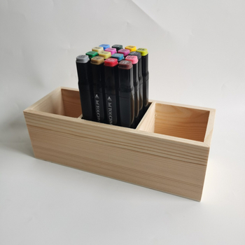 Markerių laikymo dėžutė su trimis skyreliais, medinė kvadratinė stalo organizatorius, modelis MK-3