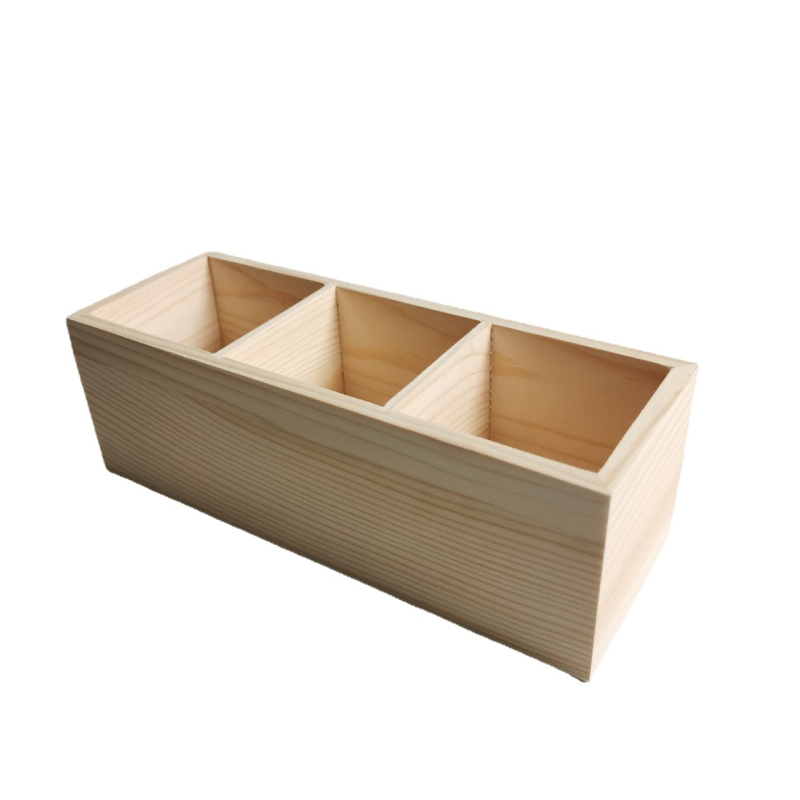 Markerių laikymo dėžutė su trimis skyreliais, medinė kvadratinė stalo organizatorius, modelis MK-3