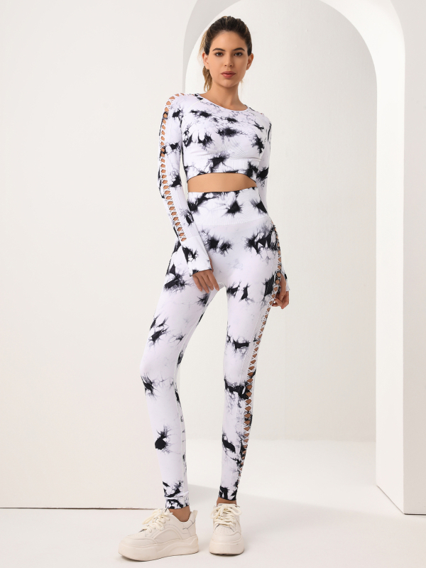 Dvejų dalių be siūlių jogos komplektas moterims – ilgomis rankovėmis viršus ir legginai, audinys Nylon/Spandex 92%/8%