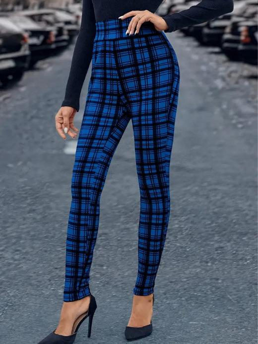 Sieviešu šaurās bikses ar rakstainu rūtām, taisna piegriezuma siluets, vidējā josta, poliesters, mikroelastība