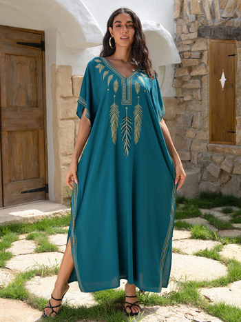 Μπλούζα κάλυψης παραλίας σε στιλ ρόμπας, διακριτικά κεντήματα, 100% βαμβάκι, φόδρα από βαμβάκι, 270 g/m², κατάλληλη για κολύμβηση και υδάτινες δραστηριότητες