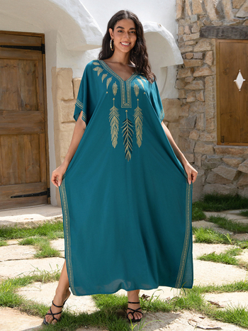 Μπλούζα κάλυψης παραλίας σε στιλ ρόμπας, διακριτικά κεντήματα, 100% βαμβάκι, φόδρα από βαμβάκι, 270 g/m², κατάλληλη για κολύμβηση και υδάτινες δραστηριότητες