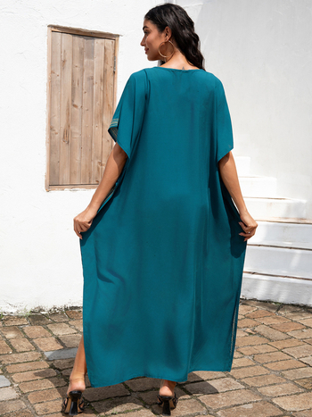 Μπλούζα κάλυψης παραλίας σε στιλ ρόμπας, διακριτικά κεντήματα, 100% βαμβάκι, φόδρα από βαμβάκι, 270 g/m², κατάλληλη για κολύμβηση και υδάτινες δραστηριότητες