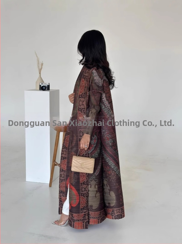 Three Small Houses Дамски плисиран дълъг халат-палто с принт, национален стил, полиестер 95%+, пресована изработка, пролет 2025