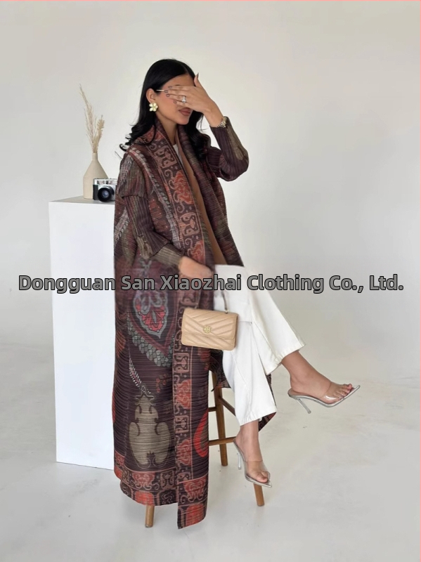 Three Small Houses Дамски плисиран дълъг халат-палто с принт, национален стил, полиестер 95%+, пресована изработка, пролет 2025