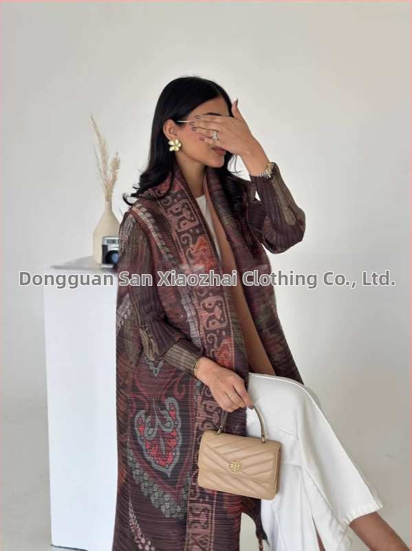 Three Small Houses Дамски плисиран дълъг халат-палто с принт, национален стил, полиестер 95%+, пресована изработка, пролет 2025