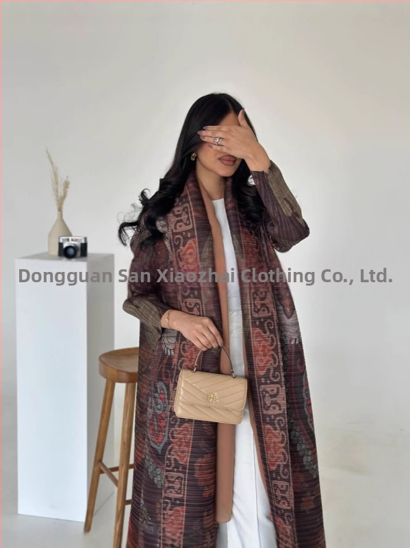 Three Small Houses Дамски плисиран дълъг халат-палто с принт, национален стил, полиестер 95%+, пресована изработка, пролет 2025