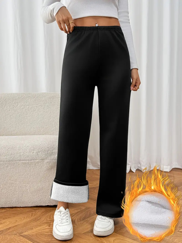 Moteriški aukšto juosmens žieminiai šilti plataus kirpimo kelnės su vidiniu pamušalu, ilgos, iš poliesterio