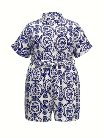 Ολόσωμη φόρμα με κοντά μανίκια, ελεύθερη γραμμή, εκτύπωση πορσελάνης, 100% πολυεστέρας