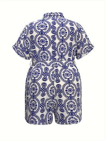 Ολόσωμη φόρμα με κοντά μανίκια, ελεύθερη γραμμή, εκτύπωση πορσελάνης, 100% πολυεστέρας