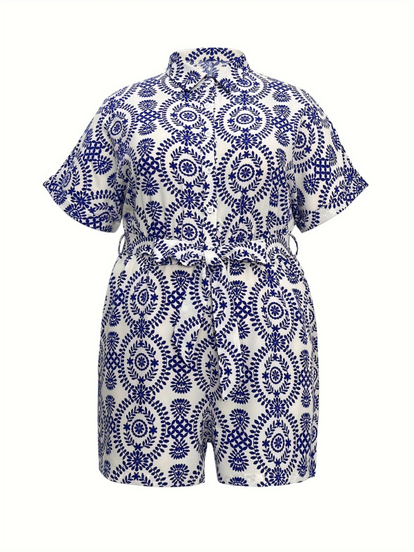 Ολόσωμη φόρμα με κοντά μανίκια, ελεύθερη γραμμή, εκτύπωση πορσελάνης, 100% πολυεστέρας